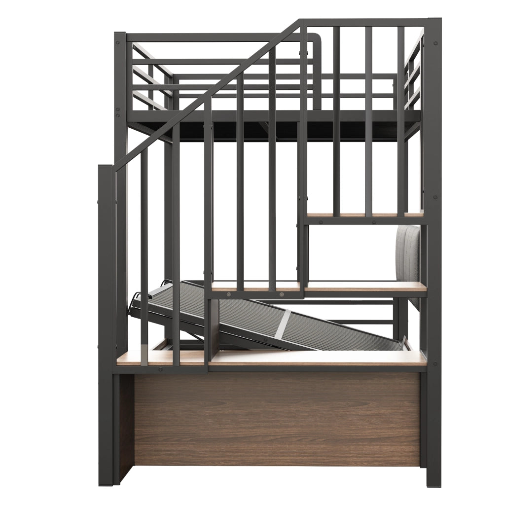 Letto a soppalco 90 × 200 cm con contenitore idraulico, scala con vani portaoggetti, sponde alte, senza materasso