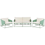 Set composto da divano basso oversize e 2 sedie in metallo con cuscini per schienale e seduta da interno ed esterno verde stile moderno e rustico