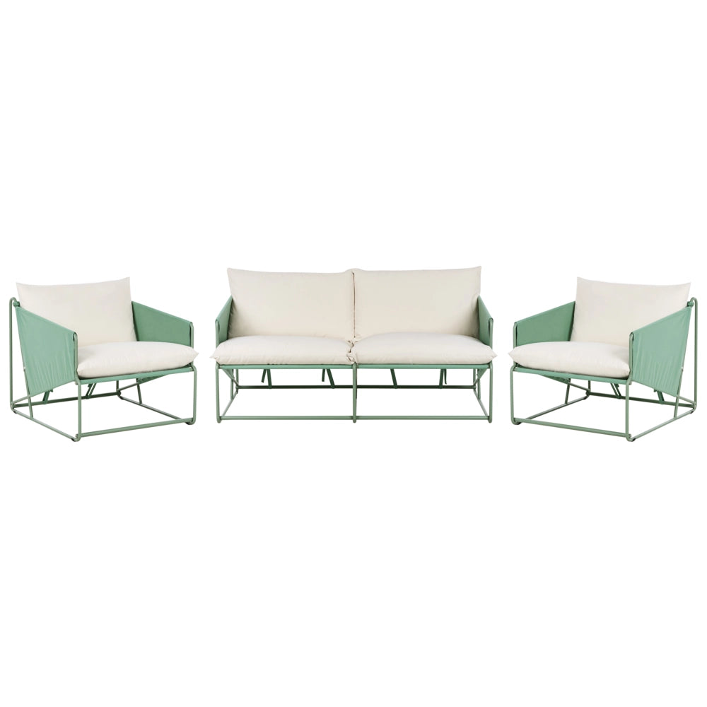 Set composto da divano basso oversize e 2 sedie in metallo con cuscini per schienale e seduta da interno ed esterno verde stile moderno e rustico