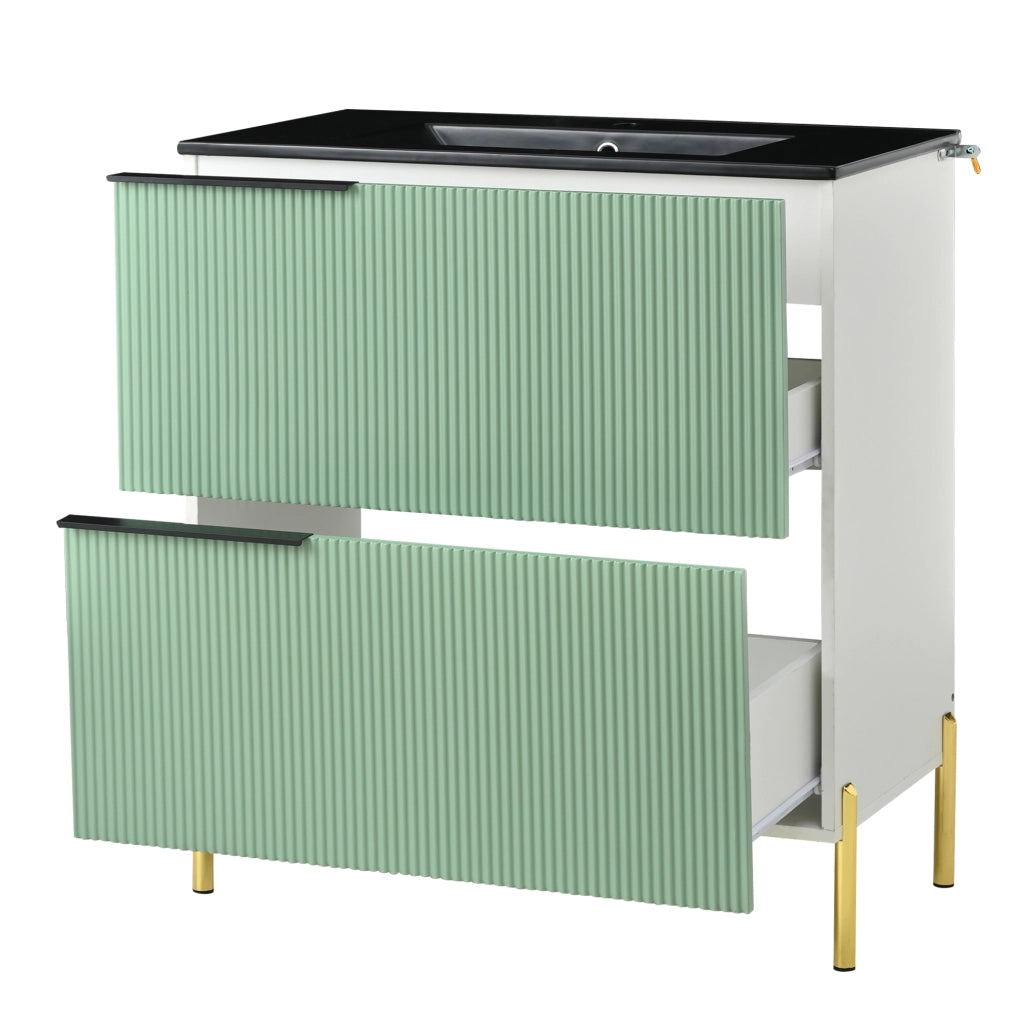 Mobile sottolavabo da bagno con lavabo in ceramica, 2 cassetti, in MDF, verde, con maniglie e piedini in metallo