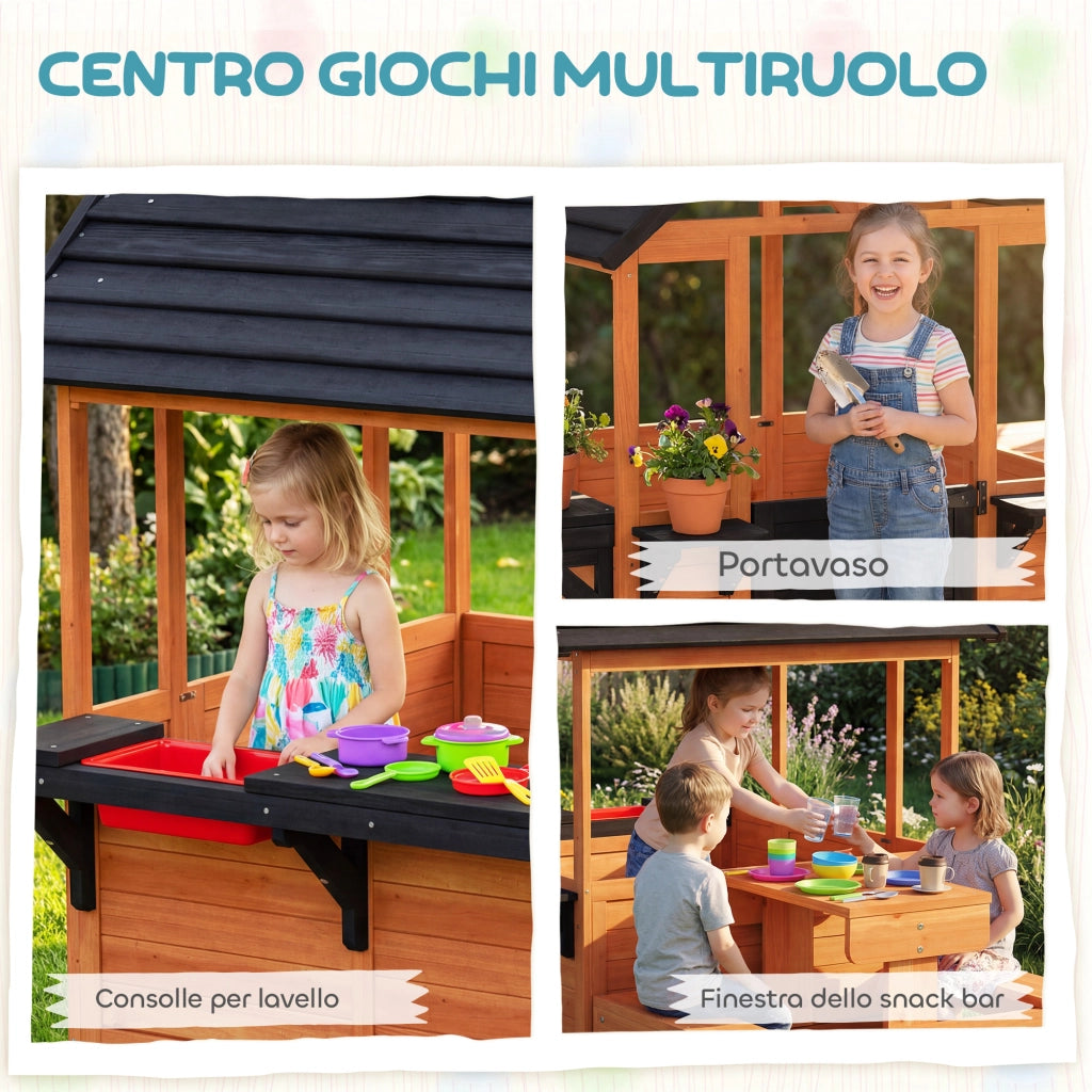 Casetta in Legno , Gioco Interno/Esterno per Bambini 3-8 Anni con Tavolo e Panche, Marrone