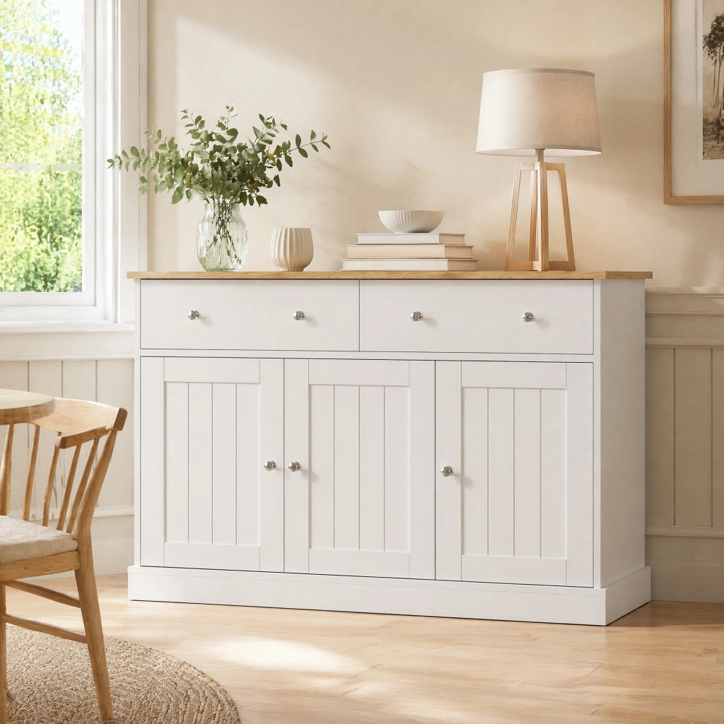 Credenza con 3 ante e 2 cassetti in pannello truciolare bianco e effetto legno 120 × 36 × 80,5 cm