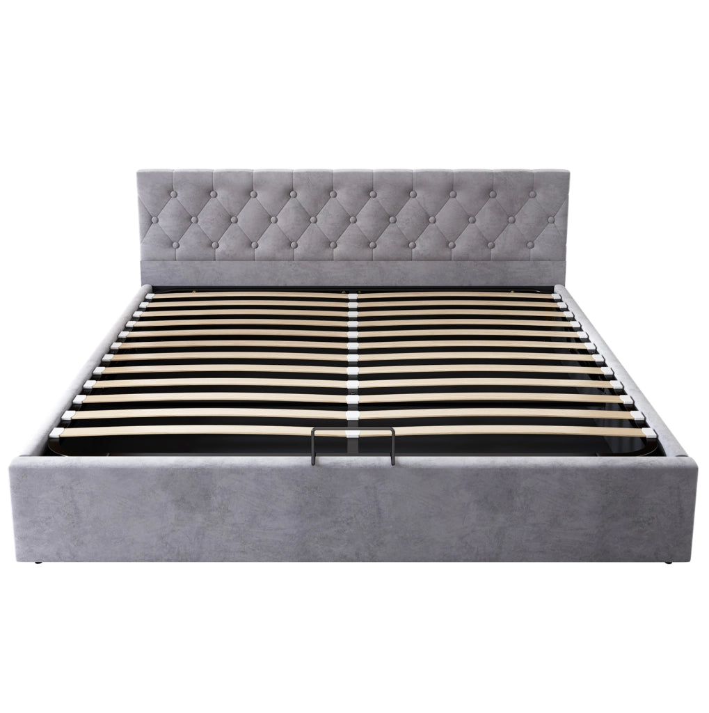 Letto matrimoniale imbottito 180x200 cm in velluto grigio con testiera capitonn茅 e contenitore