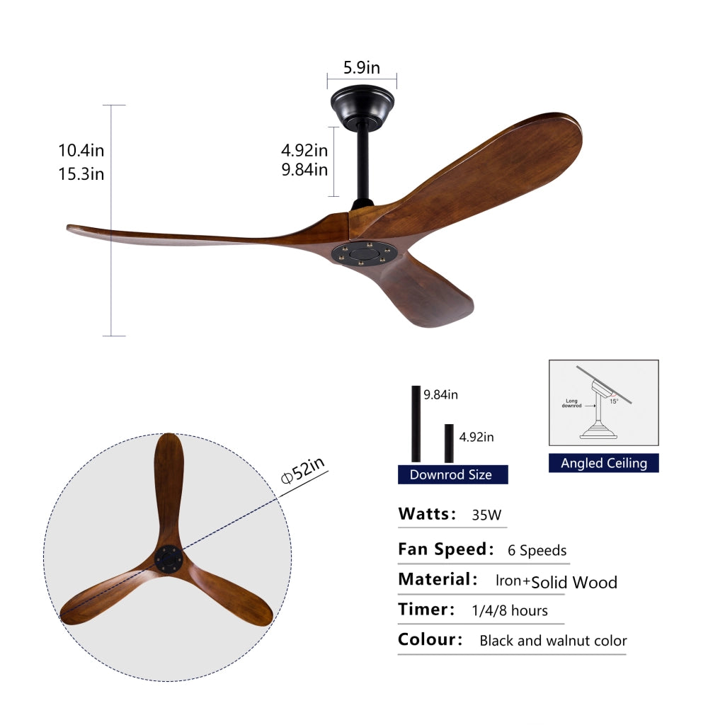 Ventilatore da soffitto 52 pollici, 3 pale legno, design ad elica, funzione memoria, telecomando, finitura noce, per terrazze e soggiorni