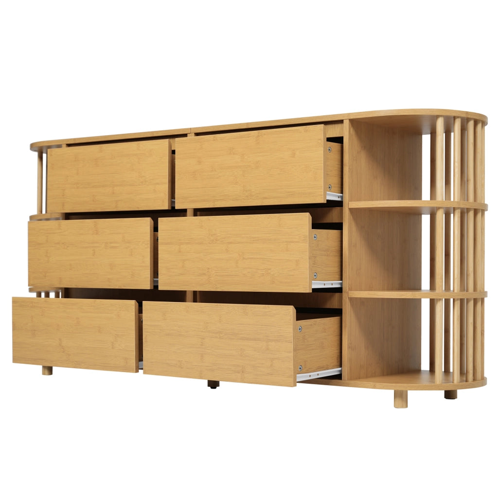 Credenza con 6 Cassetti e Ripiani Aperti in Bamb??; Design Romano; in MDF e Bamb??; 160??40??75 cm; Rovere