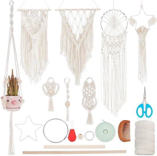 Set di macramé DIY 8 pezzi per principianti Ster set di cattura di sogni in macramé a mano Set di supporti per piante in macramé a mano per adulti Tappeto da parete in macramé con istruzioni Regalo di compleanno