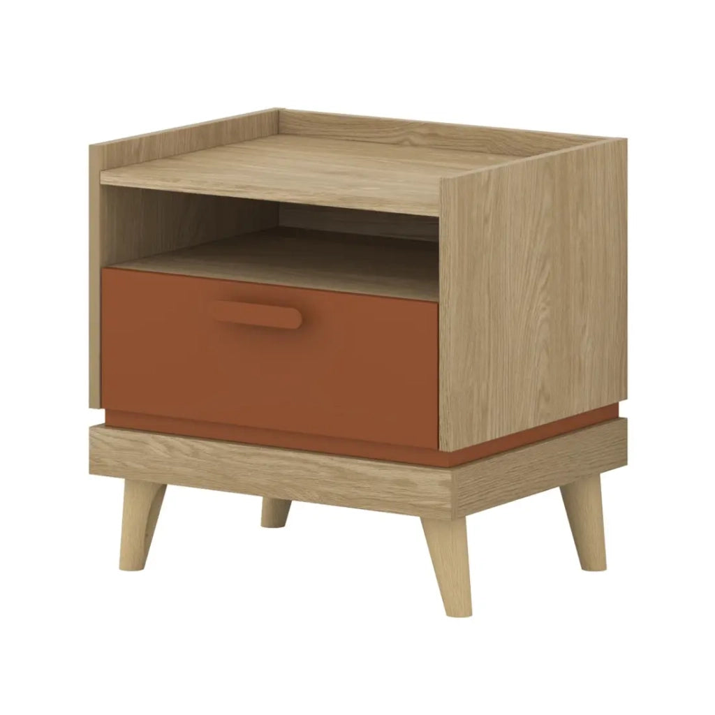 Tavolino da notte NOKI – Rovere chiaro e moka – 1 cassetto stile scandinavo