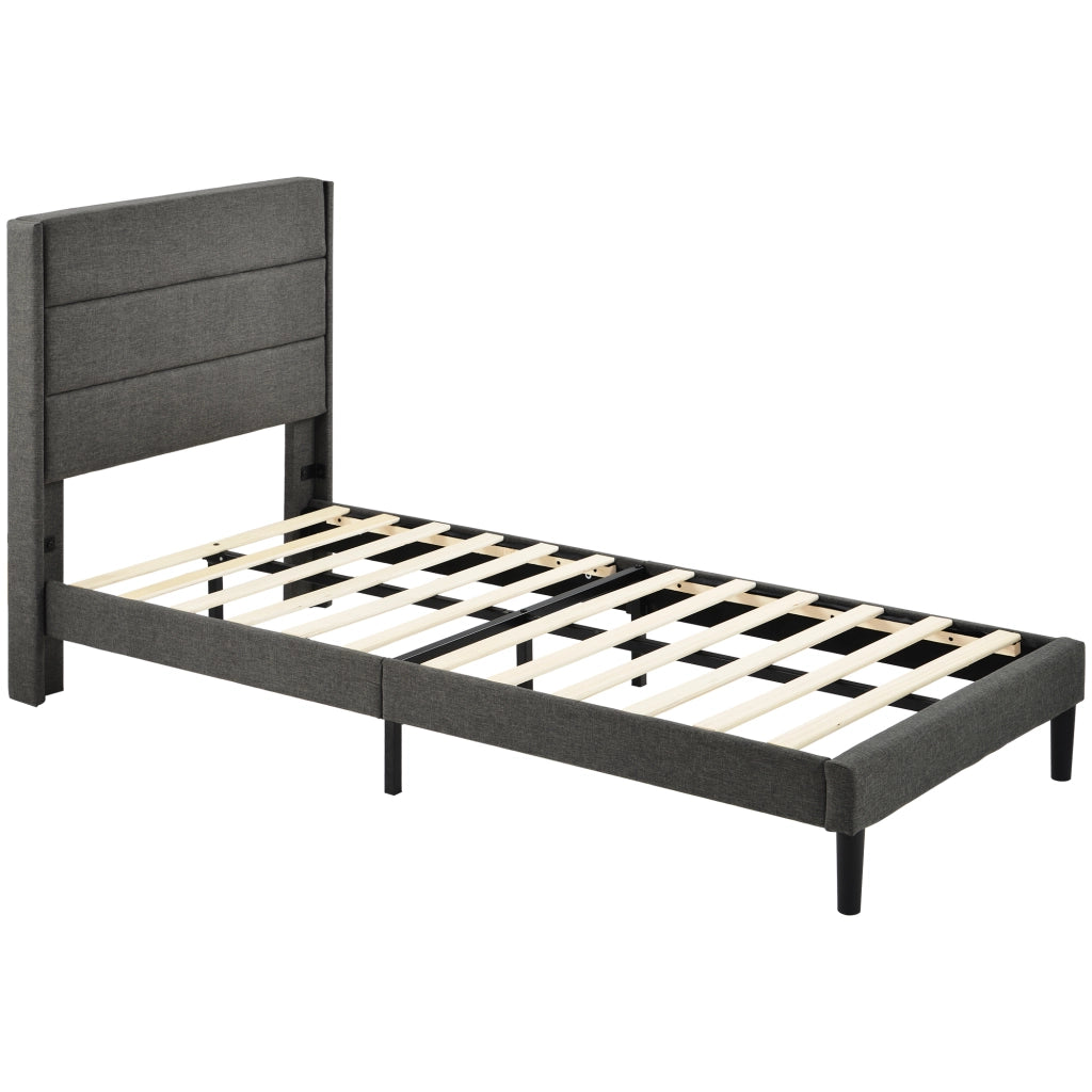 Letto imbottito 90x200 cm con rete a doghe, testiera imbottita, tessuto lino grigio scuro