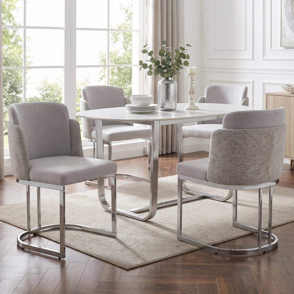 Sedia da Pranzo Set da 4 con Doppio Schienale e Gambe Galvanizzate in Ciniglia Grigio Argento
