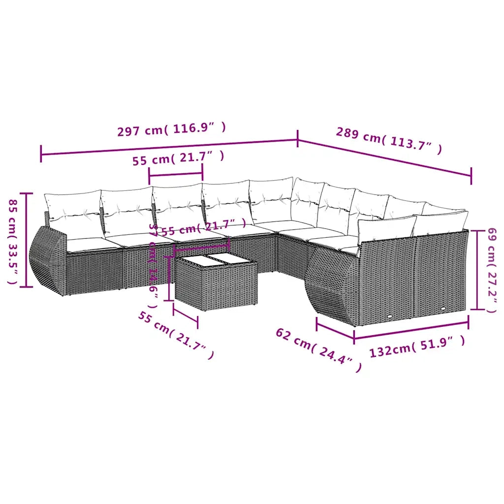 Set Divani da Giardino 11 pz con Cuscini Grigio in Polyrattan 3221920