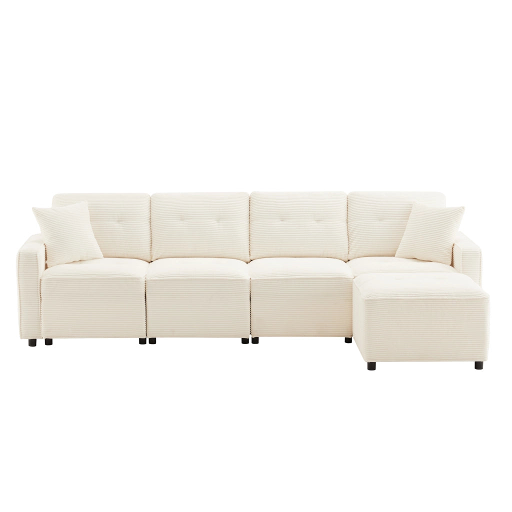 Divano modulare 4 posti con contenitore e pouf libero in velluto a coste beige 280×146×85 cm