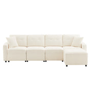 Divano modulare 4 posti con contenitore e pouf libero in velluto a coste beige 280×146×85 cm