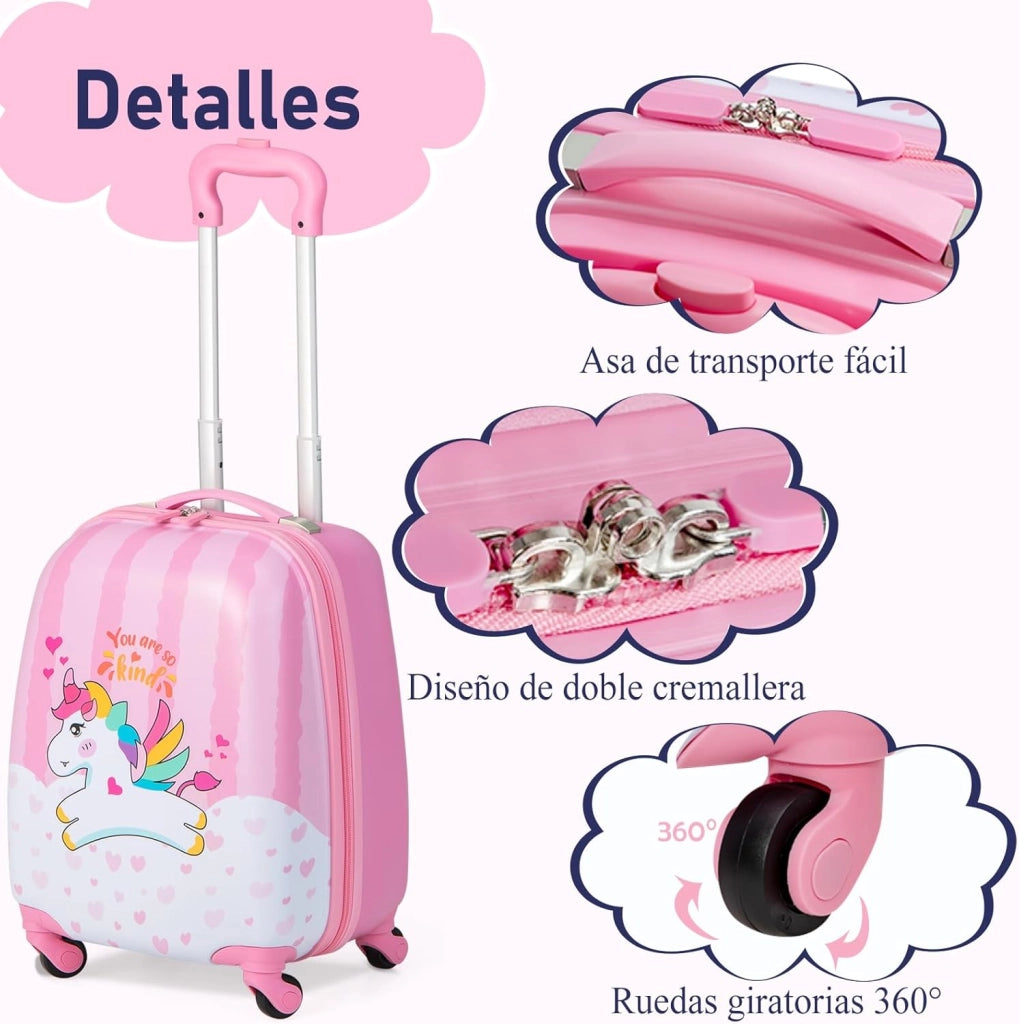 Set di Valigia 16’’ + Zaino 12’’ per Bambini 2 Pezzi, Bagagli 2-in-1 con Zainetto da Viaggio Aereo, Trolley con Maniglia Telescopica e 4 Ruote a 360° (Rosa Unicorno-A)