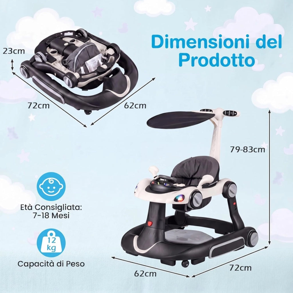 Girello per Bambini 6-in-1 Evolutivo, Centro Attività Pieghevole con Maniglia, Regolazione Altezza/Velocità, con Musica, Luci Tenda, per Neonati 6-18 Mesi (Nero+Bianco)