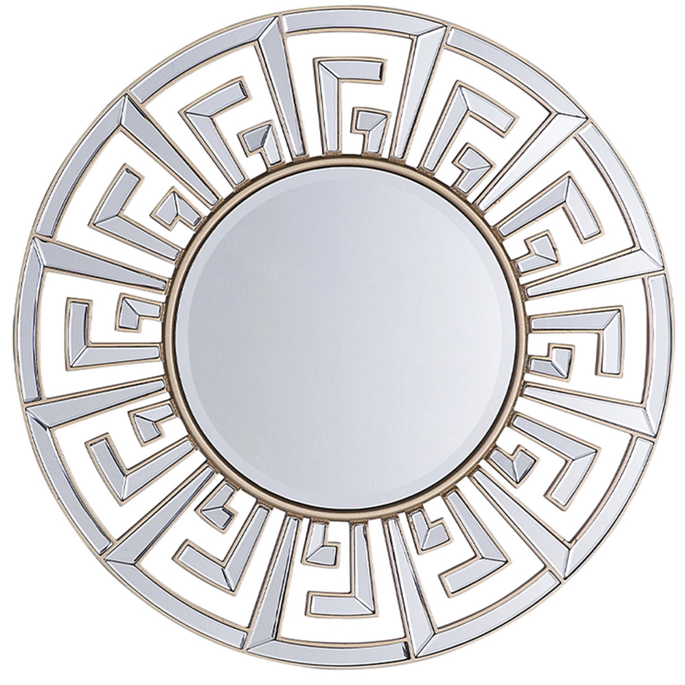 Specchio da parete dorato con cornice decorativa rotonda da 70 cm finitura lucida di ispirazione tribale geometrica