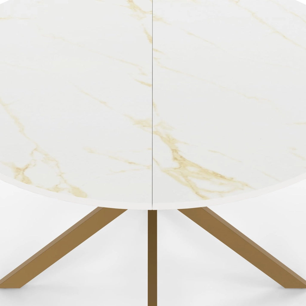 Tavolo da pranzo rotondo per 6 persone ALIX con gamba a ragno in ottone e piano ALASKA 110 cm effetto marmo oro