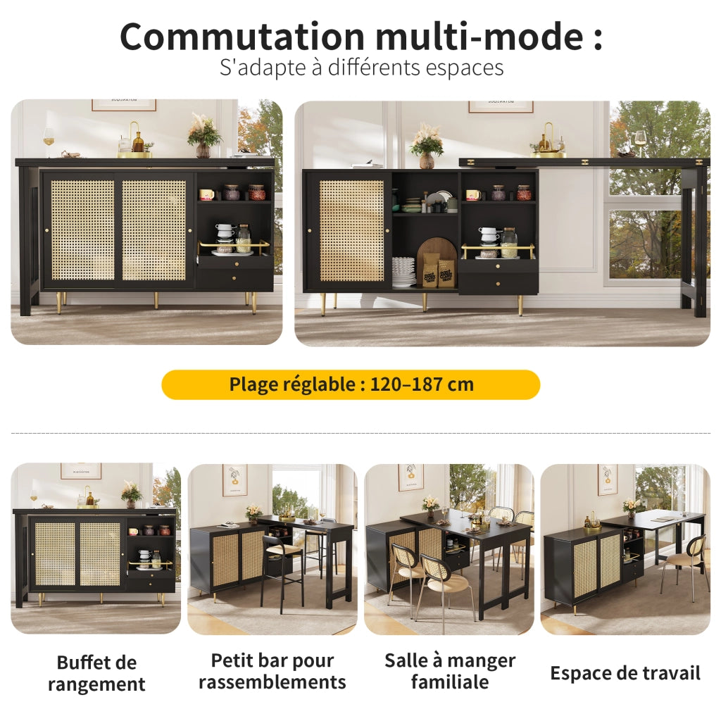 Mobile Bar con Anta in Rattan; Cassetto; Ripiani Aperti; Piano Girevole a 360° ed Estensibile per Cucina