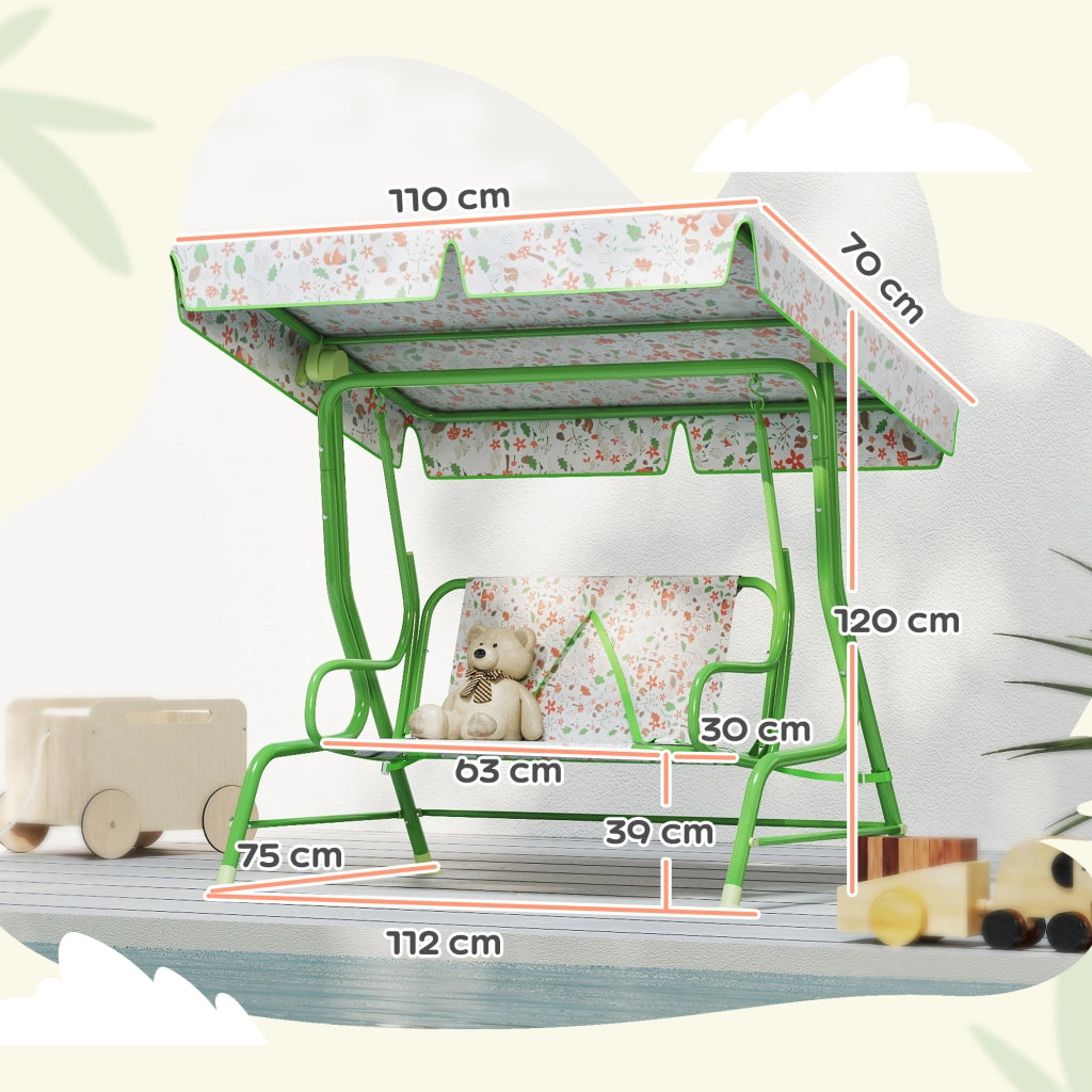 Dondolo per Bambini da Esterno a 2 Posti con Tettuccio Regolabile e Cinture di Sicurezza, 112x75x120 cm, Verde