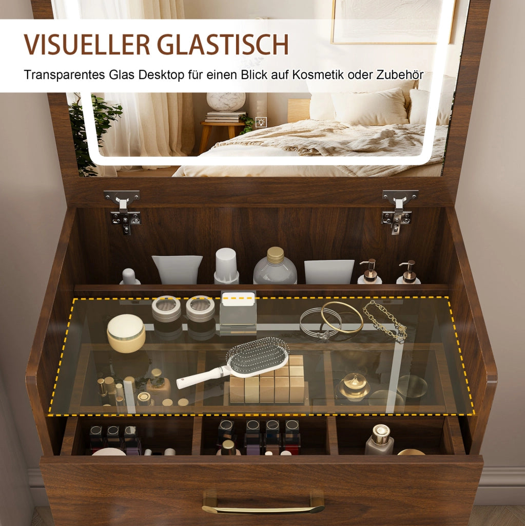Tavolo da trucco 3 in 1 con specchio apribile; piano in vetro; 60x40x118 cm; colore noce
