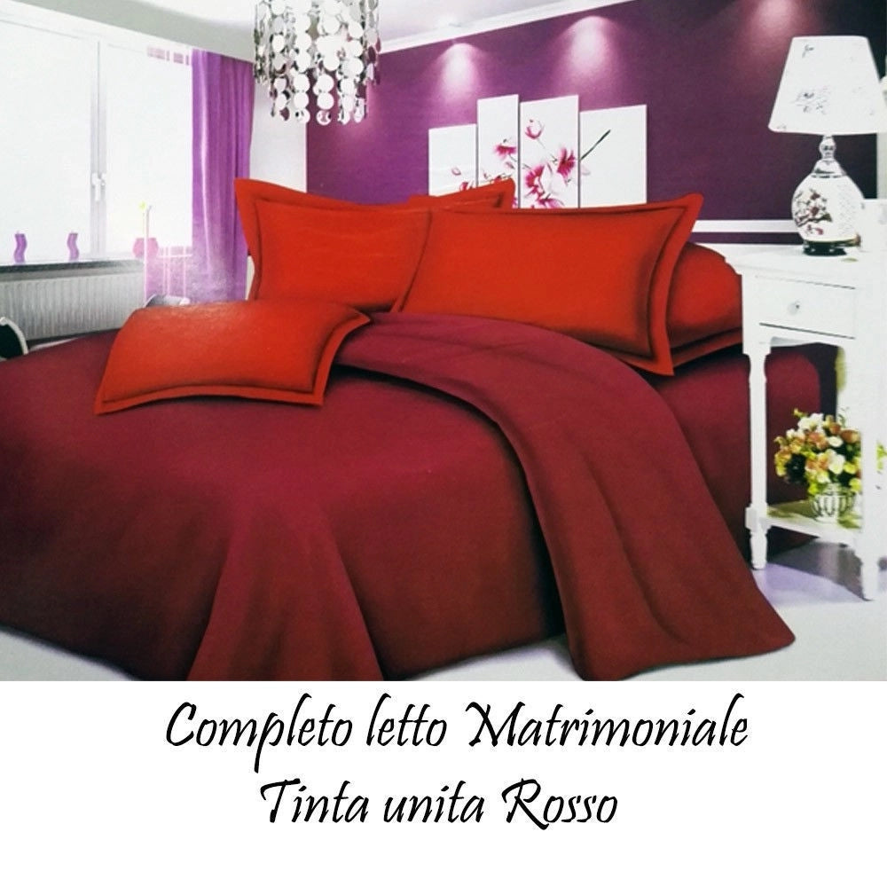 Trade Shop - Completo Letto Lenzuola Matrimoniale Con Copri Cuscini Tinta Unita Colore Rosso -