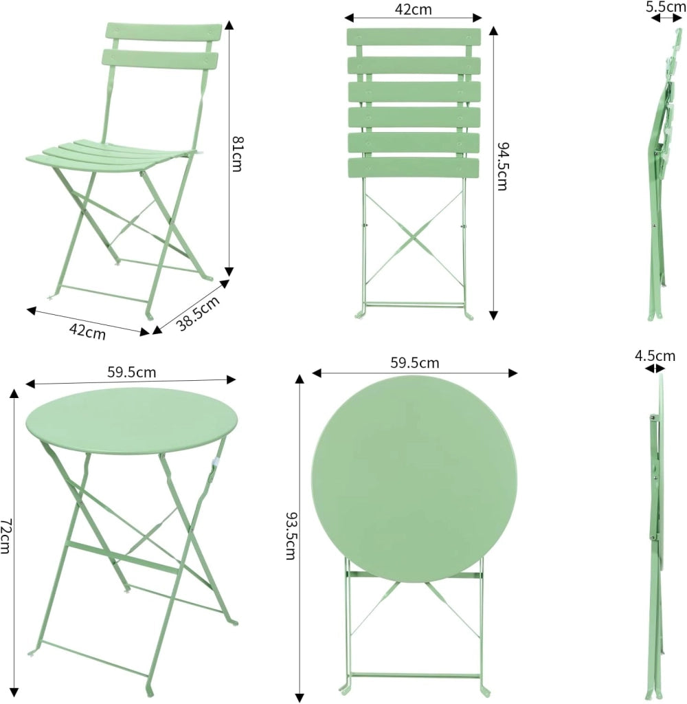 Set da Bistrot Pieghevole 3 Pezzi, Tavolo da Giardino Bistrot in Metallo, 1 Tavolo e 2 Sedie per Piccoli Balconi, Resistente alle Intemperie, per Balcone, Giardino e Terrazzo, Verde