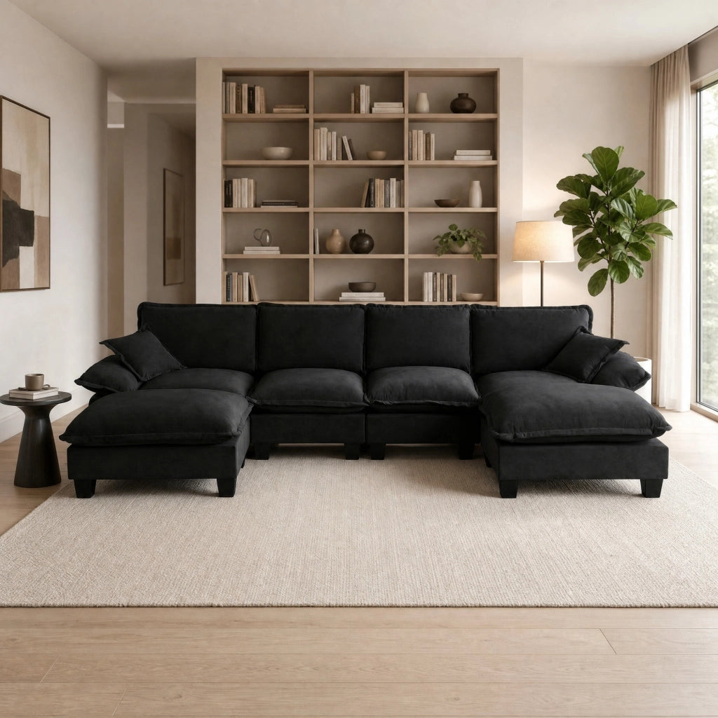 Divano angolare modulare a U 6 posti con ottomani rimovibili, tessuto Chenille, Nero 323 × 151 × 90 cm