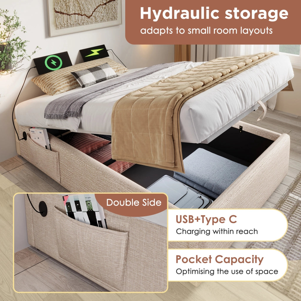 OKWISH Letto contenitore 140×200 cm, Letto Matrimoniale con USB, Tipo C e Vano Contenitore, senza Materasso, in Lino, Beige Naturale