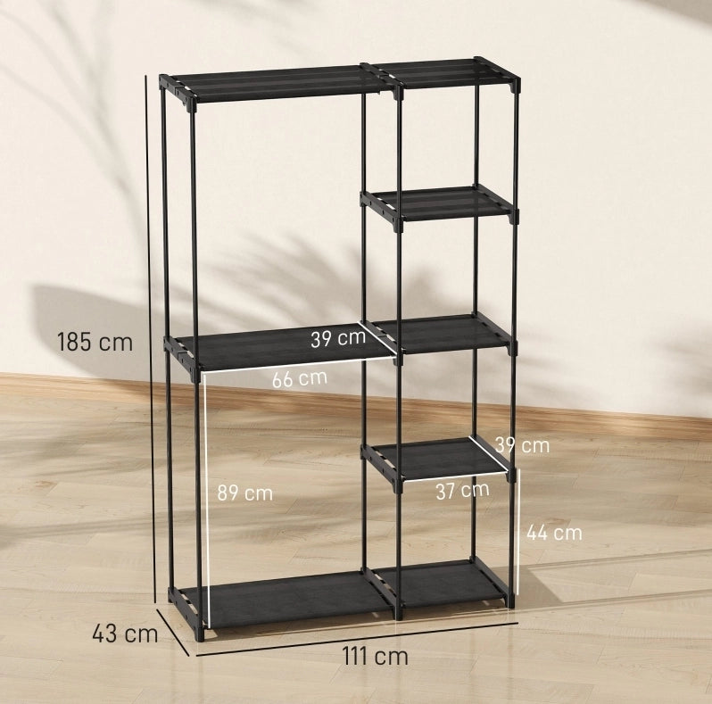 Armadio in tessuto nero con appendiabiti e 6 ripiani, 111 x 43 x 185 cm