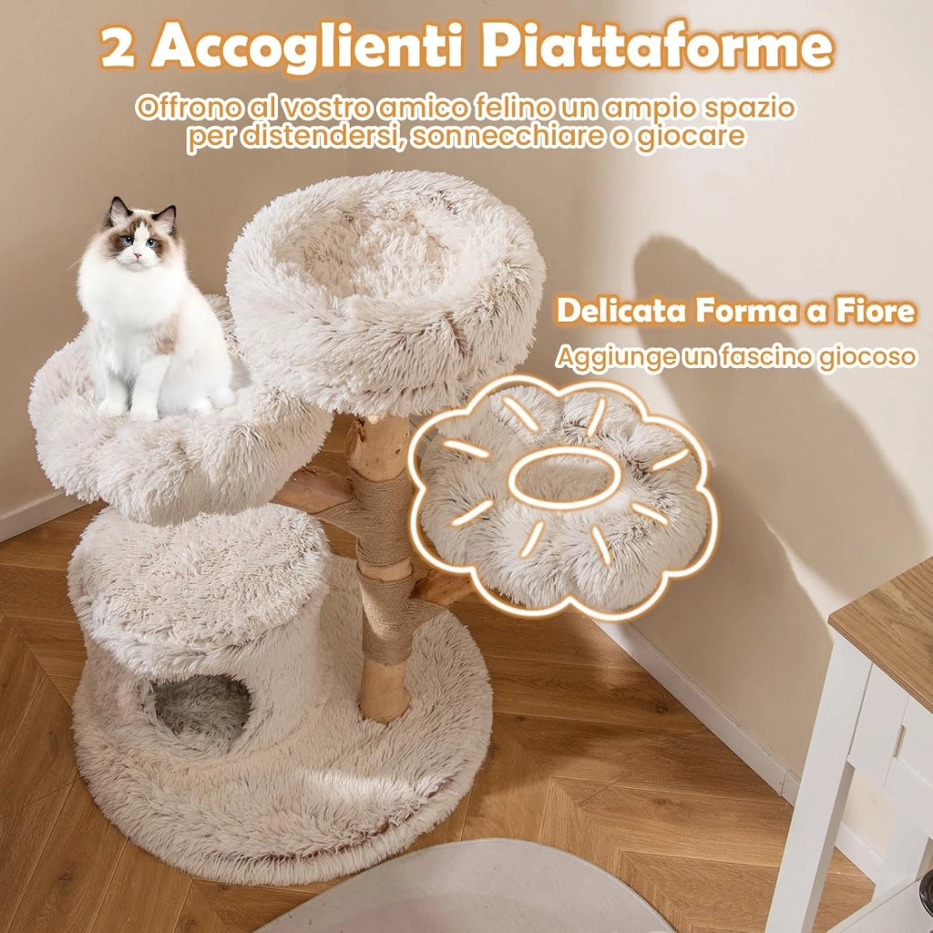 Albero per Gatti, Tiragraffi per Gattini in Legno Alta 102 cm con Condominio, 2 Piattaforme a Forma di Fiore, Trespolo e Palo per Grattarsi in Juta, Mobile da Arrampicata per Interno