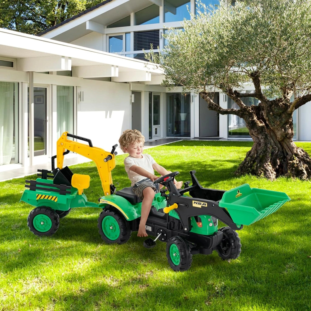 3 in 1 Escavatore per Bambini, Trattore con Rimorchio Staccabile Cavalcabile per Bambini, con 6 Ruote e 2 Benne, per Bambini 3-6 Anni (Verde)