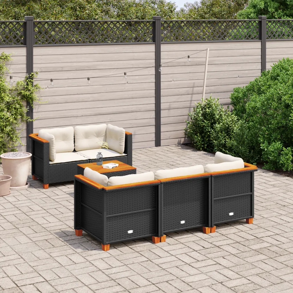 Set Divano da Giardino 6 pz | Set Salotto da Giardino con Cuscini Nero in Polyrattan