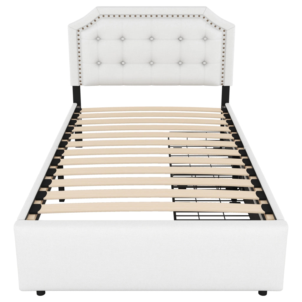 Letto basso imbottito con testiera regolabile; rivetti decorativi e 2 cassetti; MDF e lino; beige chiaro; 90x200 cm