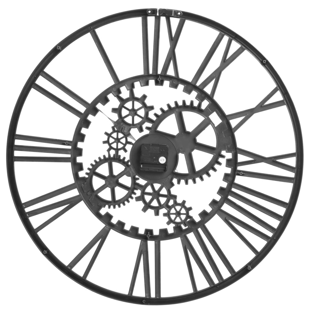 Orologio da parete nero in materiale sintetico con superficie aperta e numeri romani, design moderno, complemento d'arredo per la casa