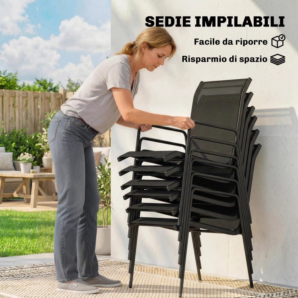 Set 7 Pezzi da Esterno con 6 Sedie Impilabili in Texteline e Tavolino da Caffè con Piano in Vetro in Acciaio Nero