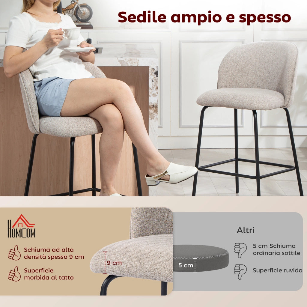 Set 2 Sgabelli da Bar 50x55x93 cm con Schienale e Poggiapiedi Rivestimento in Tessuto e Gambe in Acciaio Grigio