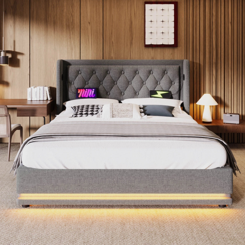 Letto matrimoniale imbottito 140x200 cm in cotone grigio con contenitore; USB e LED