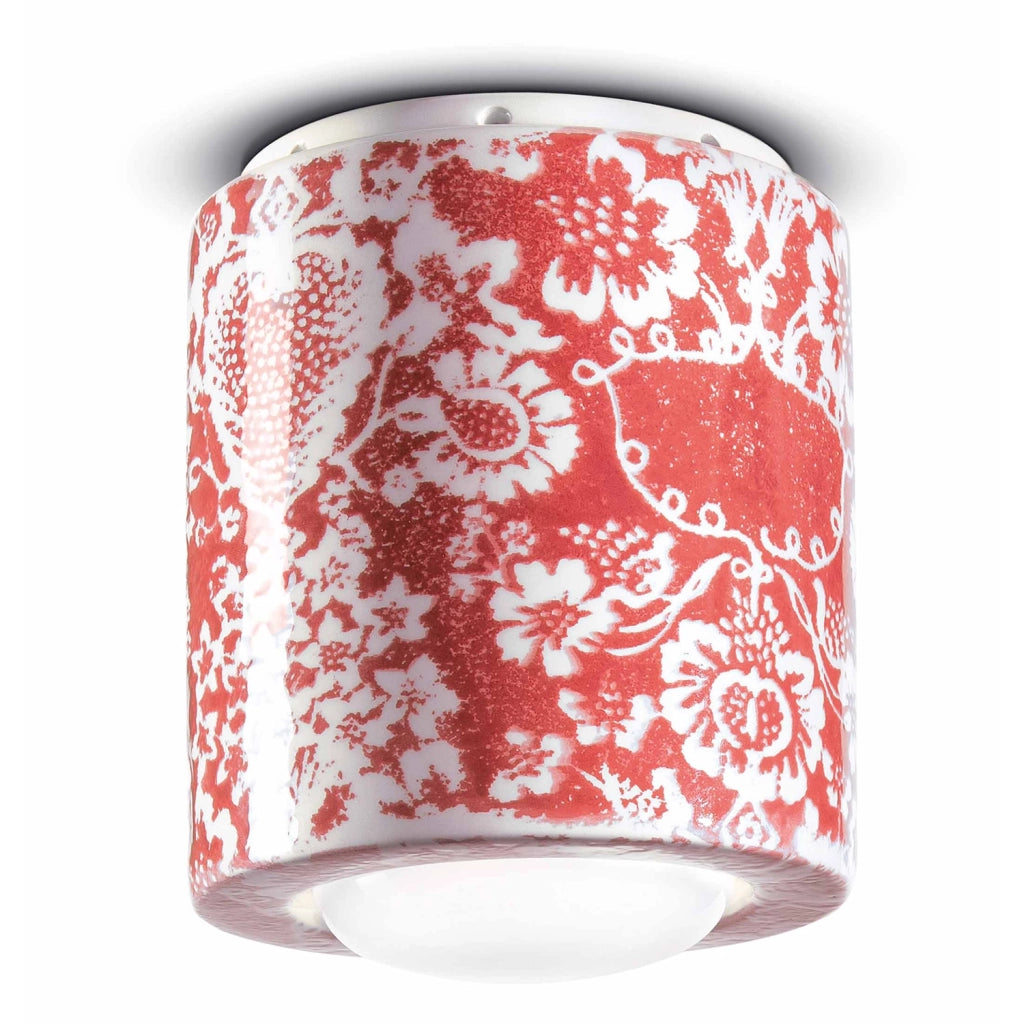Plafoniera Piccola Vintage Decò Pi Ceramica Ming Rosso 1 Luce E27