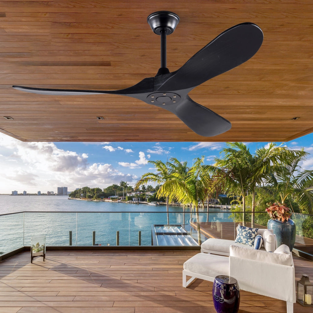 Ventilatore da soffitto nero design moderno 52 pollici, 3 pale legno massello, senza illuminazione, motore DC reversibile silenzioso