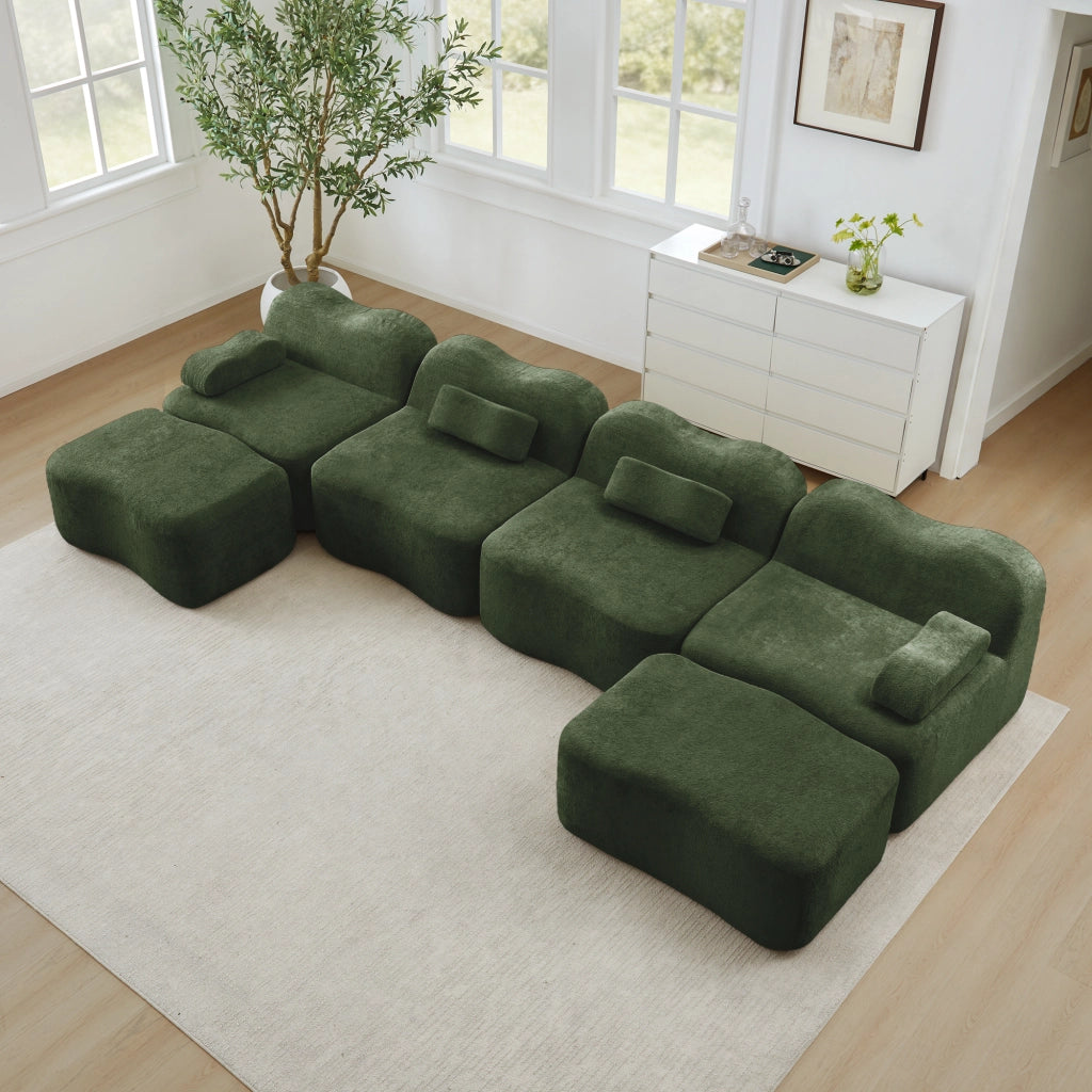 Divano panoramico a U modulare senza struttura interna con cuscini bracciolo mobili in velluto verde 384 × 167 × 70 cm