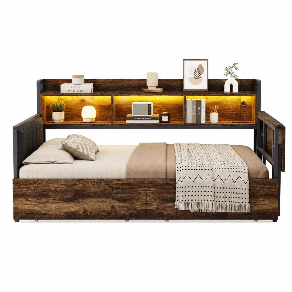 Letto multifunzione 90x200 cm in metallo con scrivania estraibile, LED, spazio contenitore e 2 cassetti, colore legno naturale