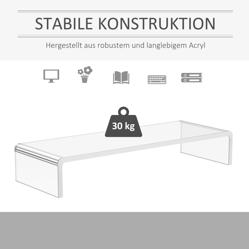 Supporto ergonomico in acrilico per monitor, compatibile con laptop, computer e notebook; trasparente, 53x19x9 cm.