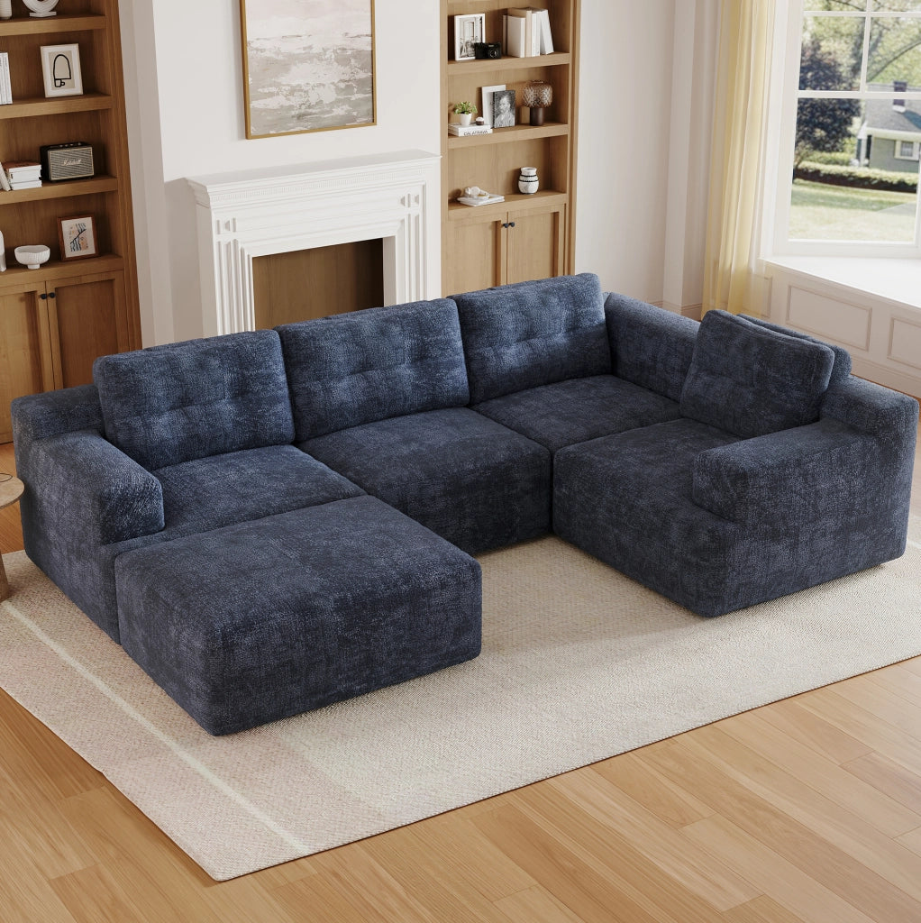 Divano modulare a U 5-6 posti con pouf in ciniglia blu