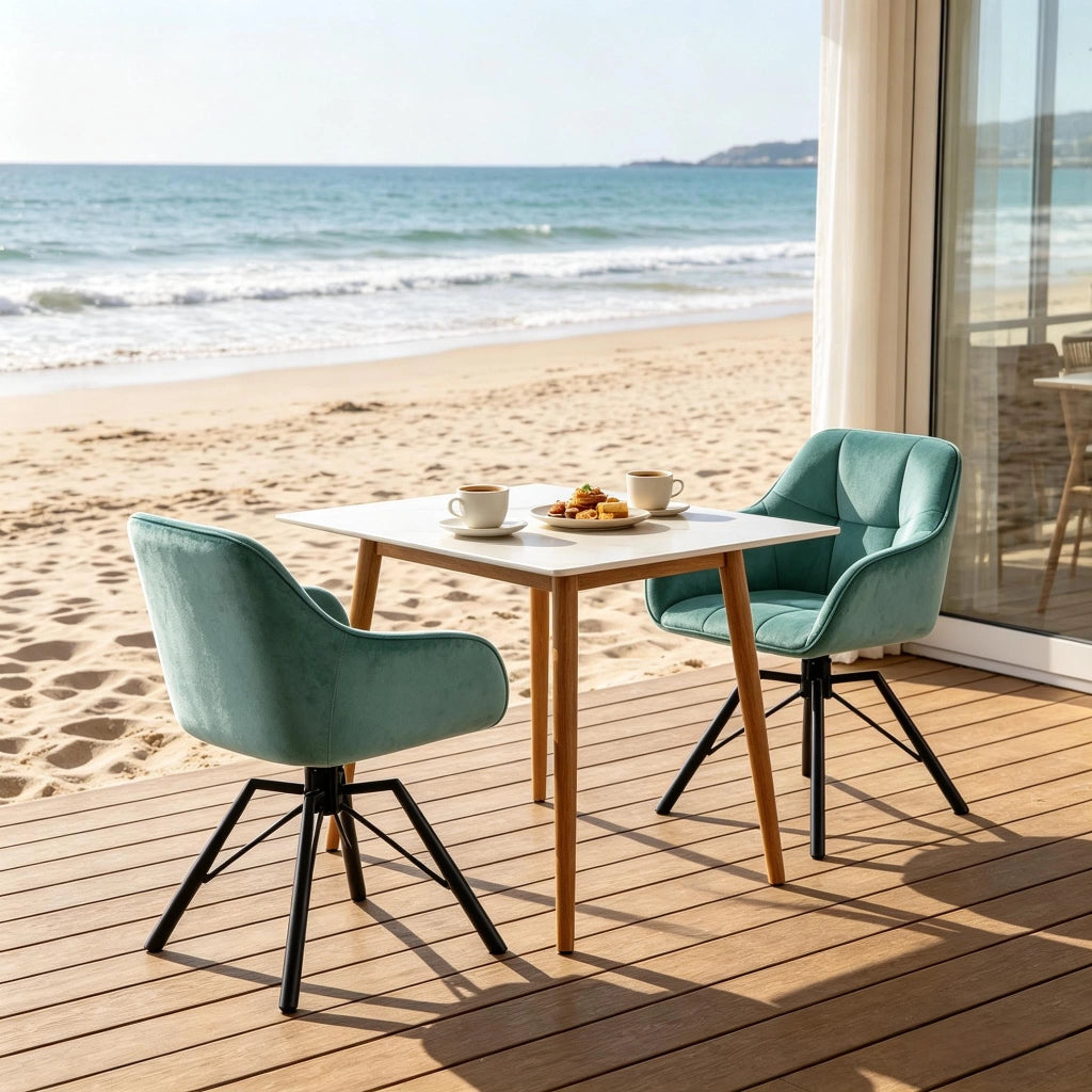 Sedia da Pranzo Set da 2 Girevole con Braccioli e Schienale Ergonomico in Velluto Turchese