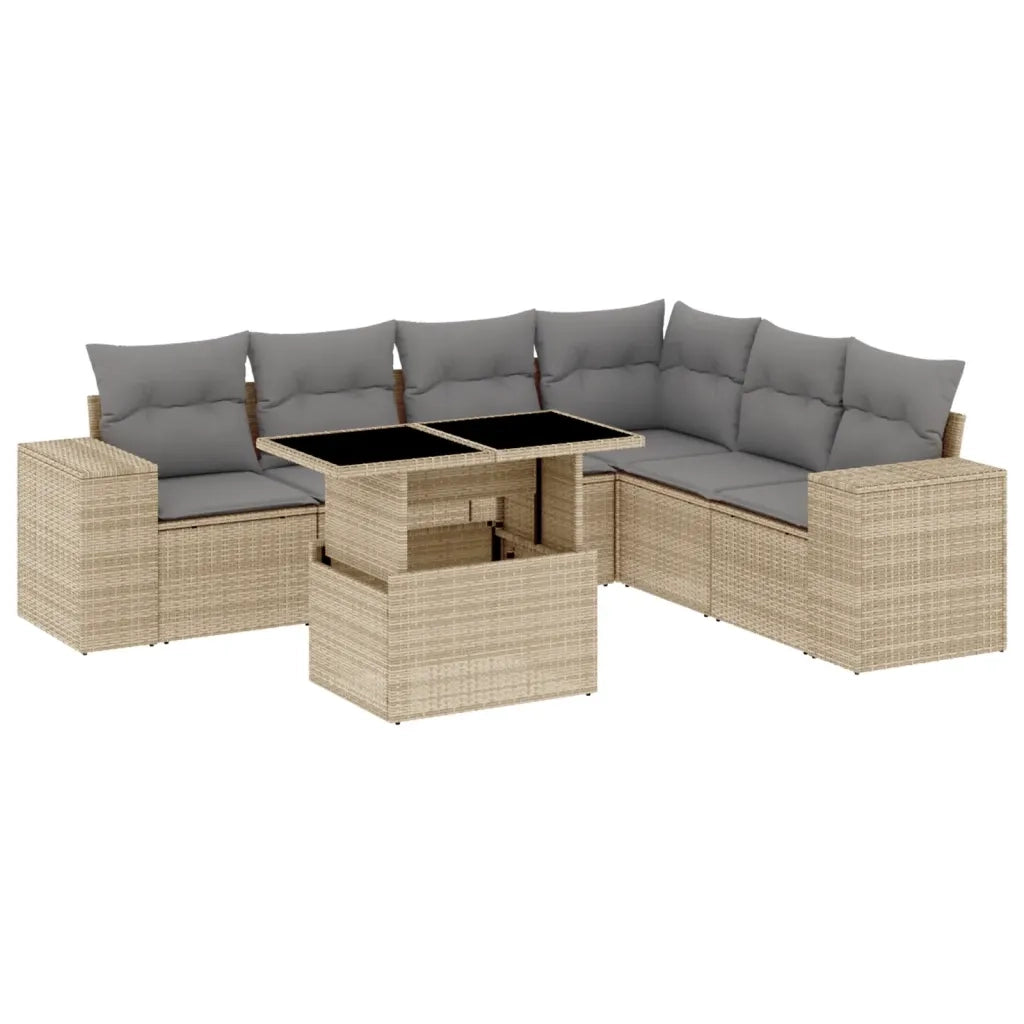 Set Divani da Giardino 7 pz con Cuscini Beige in Polyrattan