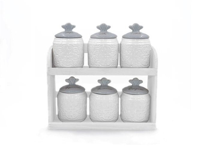 Set 6 Barattoli da Cucina Spezie in Ceramica con Mensola Decoro Grigio