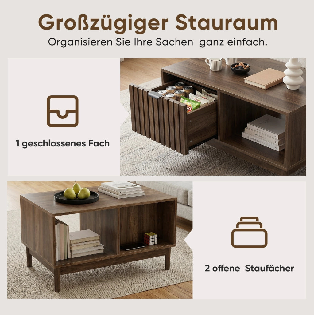 Tavolino da caffè moderno 80x50x45 cm in MDF colore noce; con vani contenitore
