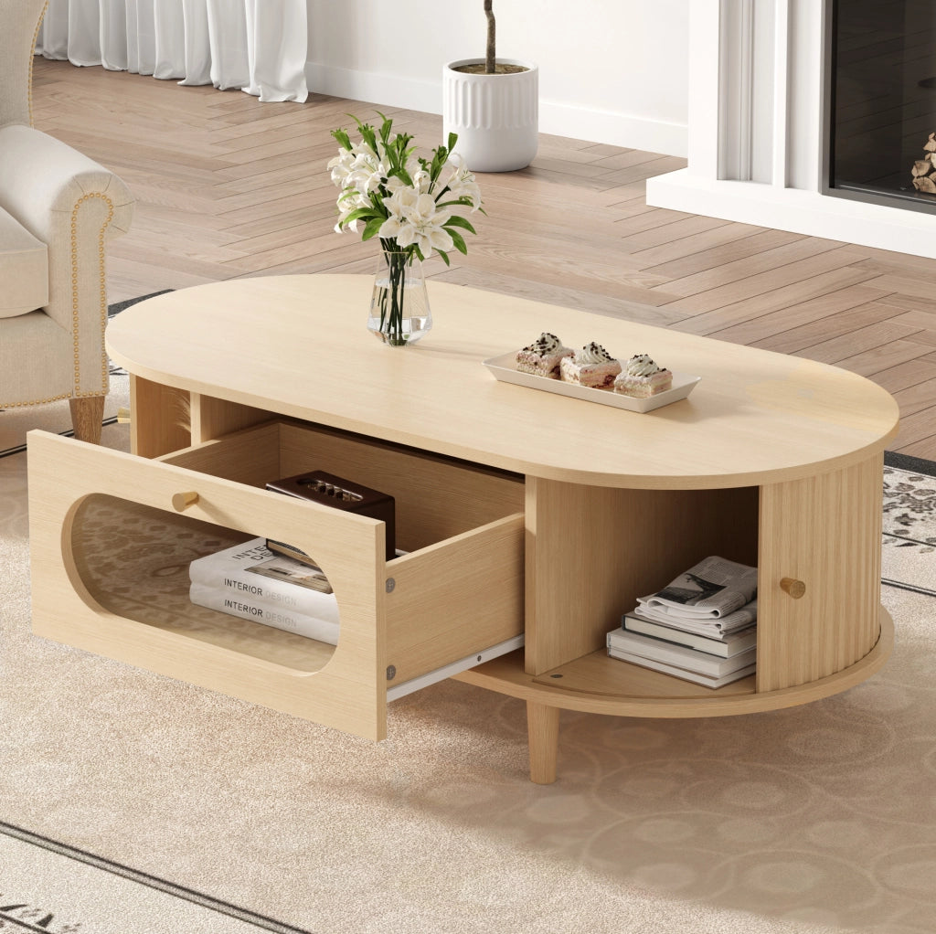 Tavolino da salotto 100x50x36 cm in MDF effetto legno; con cassetto e ante a serranda; oak