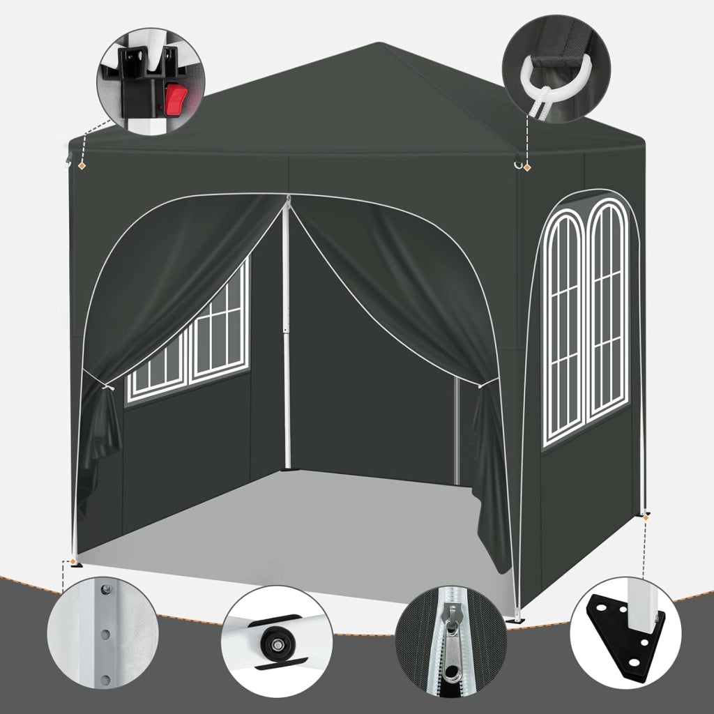 Gazebo da Giardino Richiudibile 2x2m con Pannelli Laterali,Gazebo da Esterno in Ferro Regolabile in Altezza Tendone con Soffitto Semicircolare Pieghevole,Set di 4 Sacchi di Sabbia,Grigio