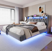 Letto matrimoniale imbottito 180x200 cm con testiera pieghevole; LED; prese USB e Type-C; velluto grigio