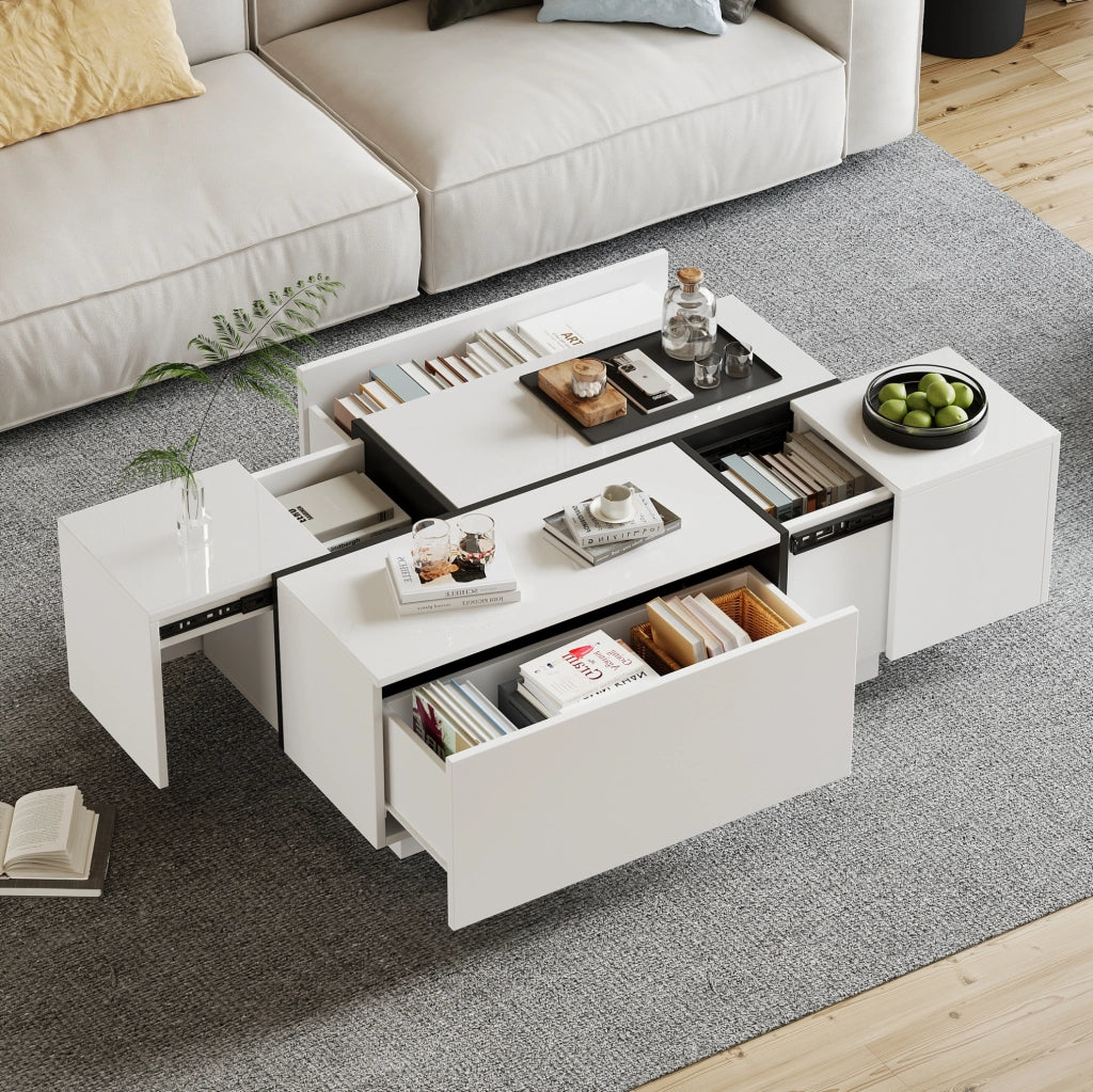 Tavolino da caffè 100x60x40 cm con 4 cassetti in truciolare bianco e nero
